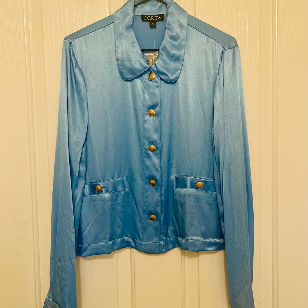 J. Crew Woman’s Shirt Jacket Satin Viscose Blue Gold Buttons Medium NWT